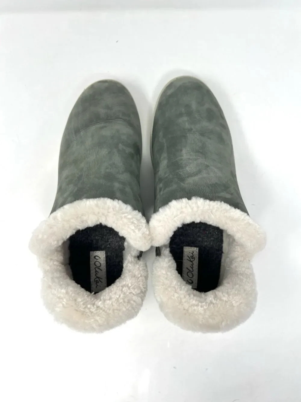 OluKai Mālua Hulu Waterproof Leather Shearling Booties Dusty Olive Green 9.5